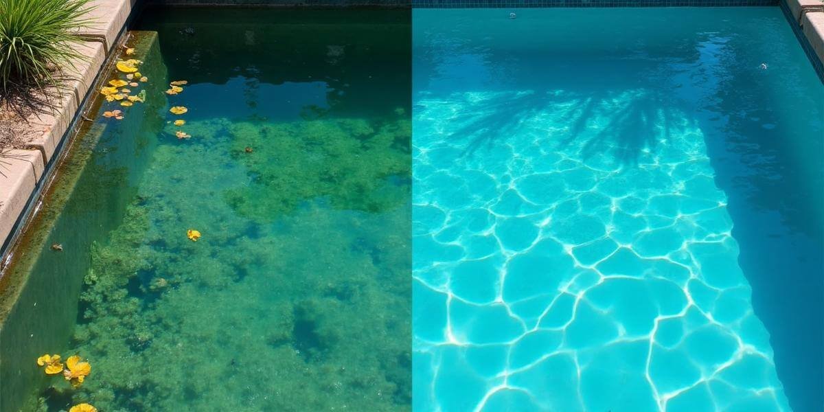 Transformação de piscina de verde para cristalina